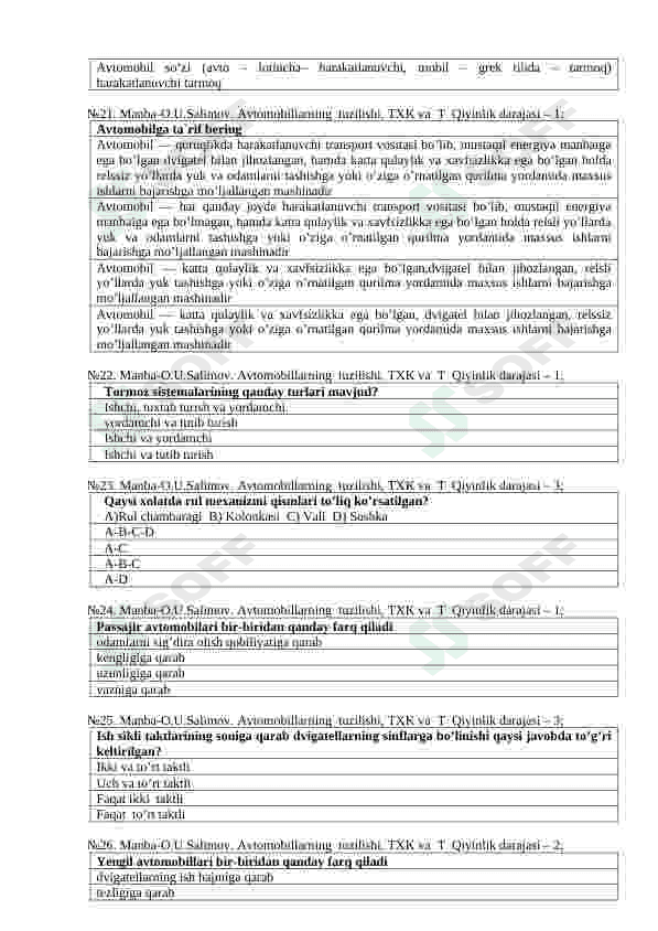 Avtomobil tuzilishi fanidan 150ta test 5