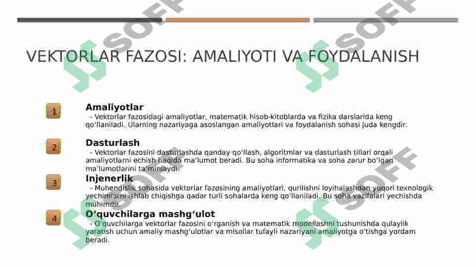 Vektorlar fazosi. Vektorning proyeksiyasi.Yoʻnaltiruvchi kosinuslar.Vektorlar nazariyasi tadbiqlari. 5