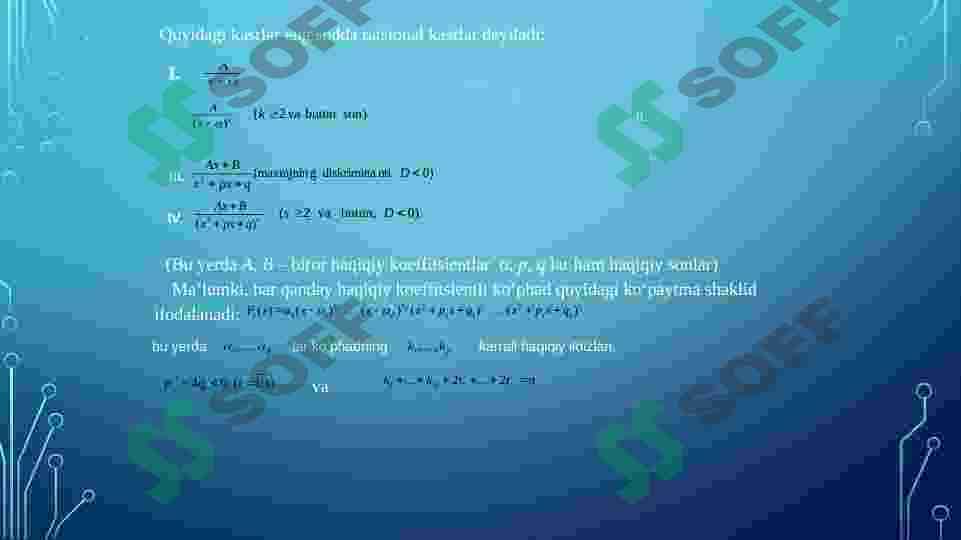 Kasr ratsional va ba’zi irratsional funksiyalarni integrallash. 5