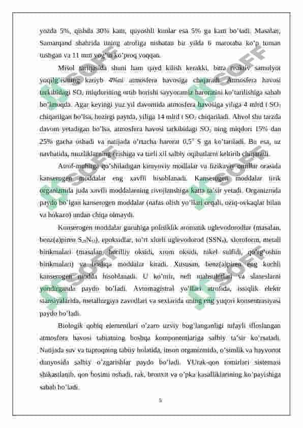 ATMOSFERA HAVOSI IFLOSLANISHINING IJTIMOIY IQTISODIY OQIBATLARI, UNING OLDINI OLISH VA KAMAYTIRISH CHORA-TADBIRLARI 5