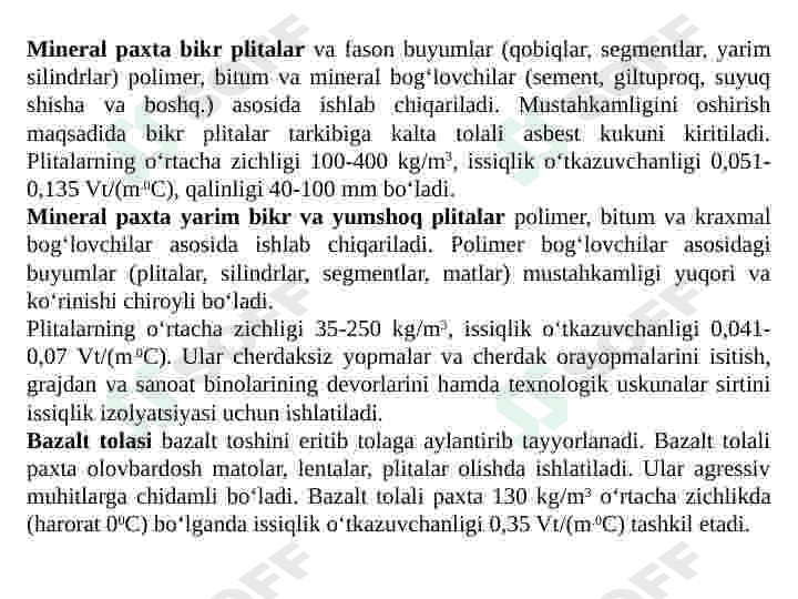 ISSIQLIKDAN   IZOLYATSIYALOVCHI   MATERIALLARNING TURLARI 5