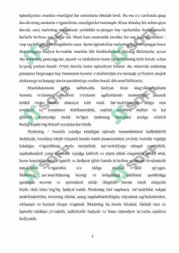 Marketing, uning vazifasi qoidalari va bozor tizimidagi o’rni 5