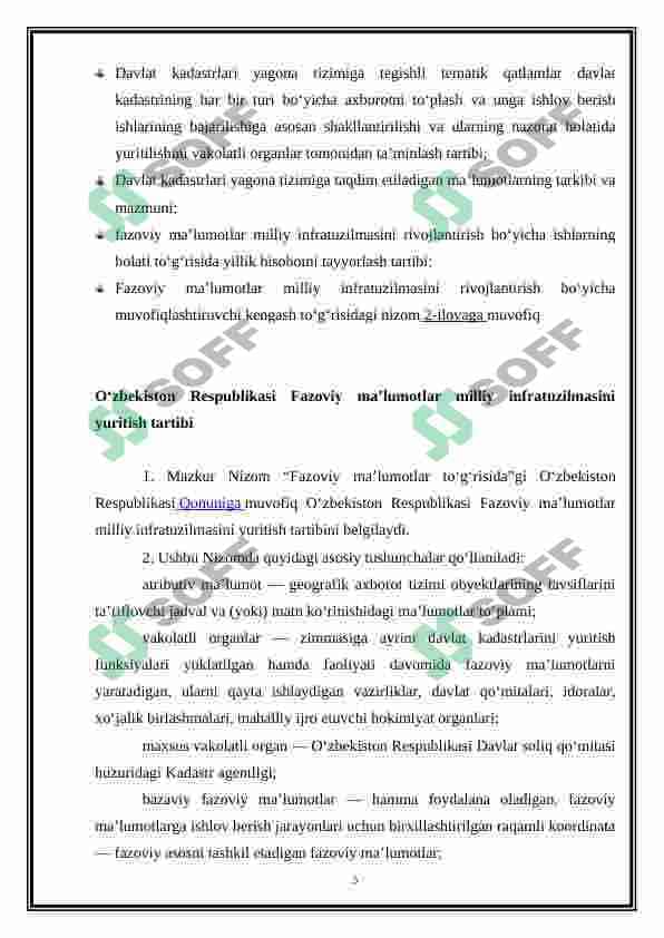 O‘ZBEKISTON RESPUBLIKASI FAZOVIY MA'LUMOTLAR MILLIY INFRATUZILMASINI YURITISH TARTIBI (BINO VA INSHOATLAR KADASTRI AXBOROTLARINI SHAKLLANTIRISH TARTIBI) 5