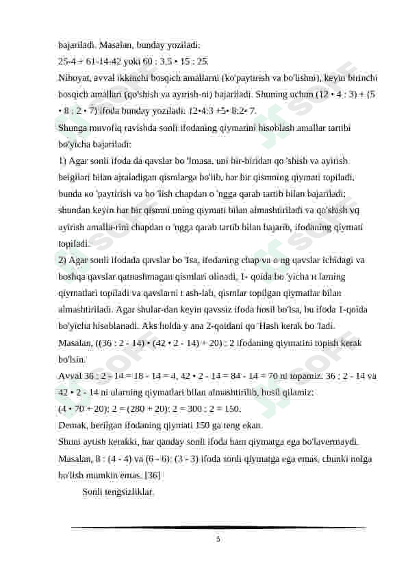 Boshlang'ich sinflarda sonli va harfli ifodalar ustida amallar kurs ishi 5