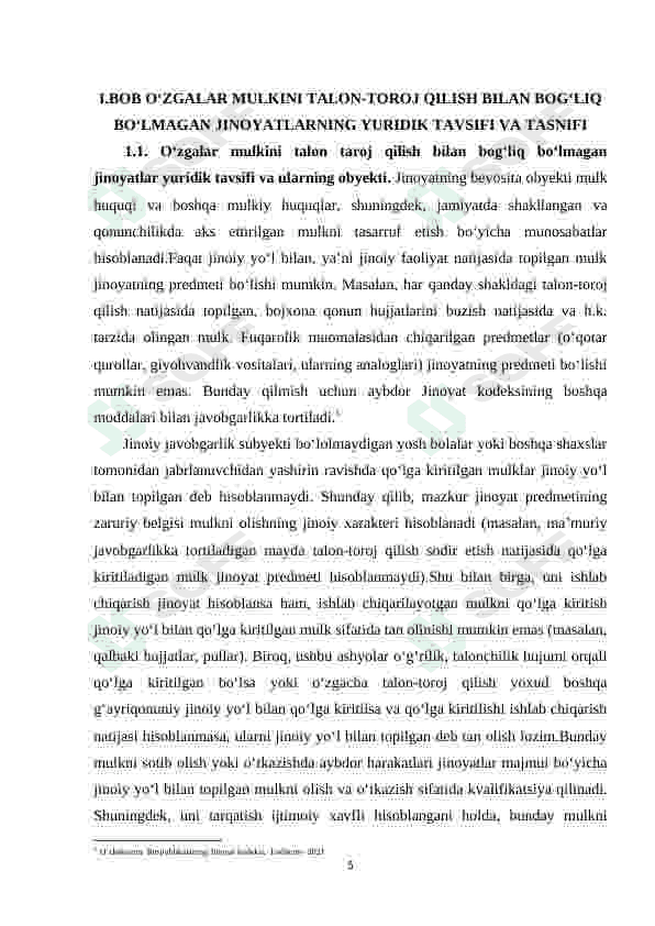 “O‘ZGALAR MULKINI TALON TAROJ QILISH BILAN BOG‘LIQ BO‘LMAGAN JINOYATLAR” 5