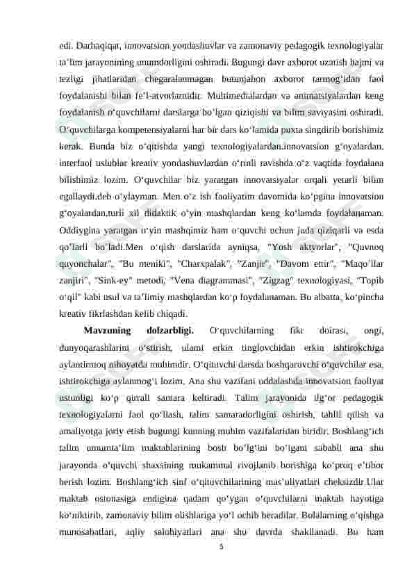 BOSHLANG'ICH TALIMDA INAVATSION PEDAGOGIK TEXNALOGIYALARDAN FOYDALANISH JARAYONIDA O'QUVCHILARNING QIZIQISHINI HISOBGA OLISH 5