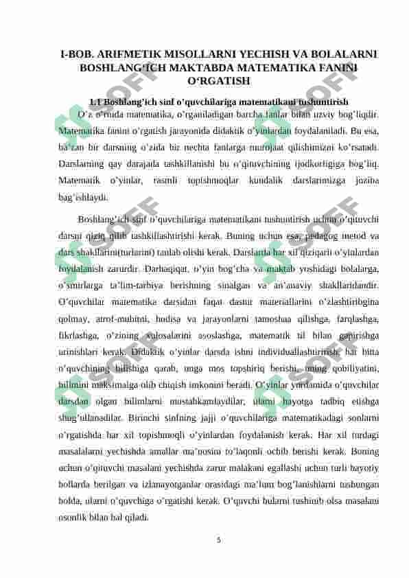 Arifmetik misollarni yechish va bolalarni boshlangʻich maktabda matematika fanini oʻrganishiga tayyorlash 5
