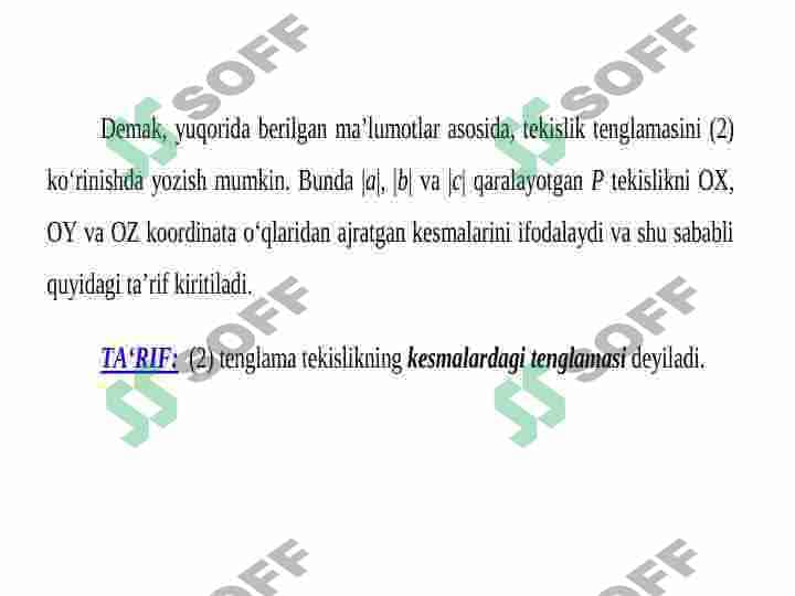 Fazoda tekislikning tenglamasi. Fazoda to'g'ri chiziqning umumiy tenglamasi va uning turli xil ko'rinishlari. 6