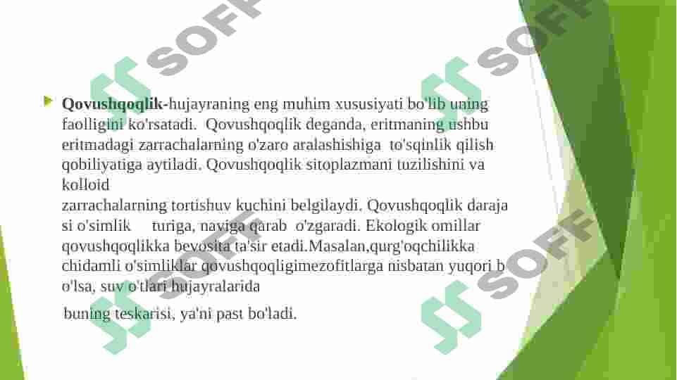 Sitoplazma uning zamonaviy modeli  vakuola,plastida,mitoxondriya,Ribosoma,peroksisoma,Lizosoma,endoplazmatik tor Golji apparati 6