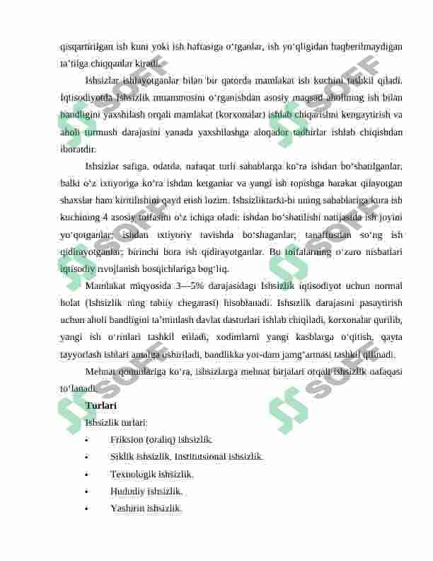O‘zbekistonda ishsizlik, zamonaviy shakllari, sabablari, kamaytirish usullari. 6