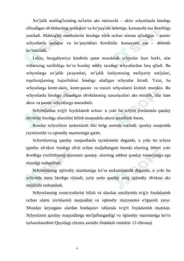 Schyotlarning iqtisodiy mazmuni, tarkibi va tayinlanishi bo’yicha turkumlanishi 6