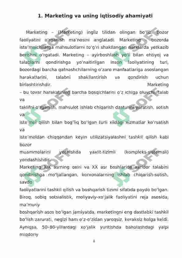 Marketing, uning vazifasi qoidalari va bozor tizimidagi o’rni 6
