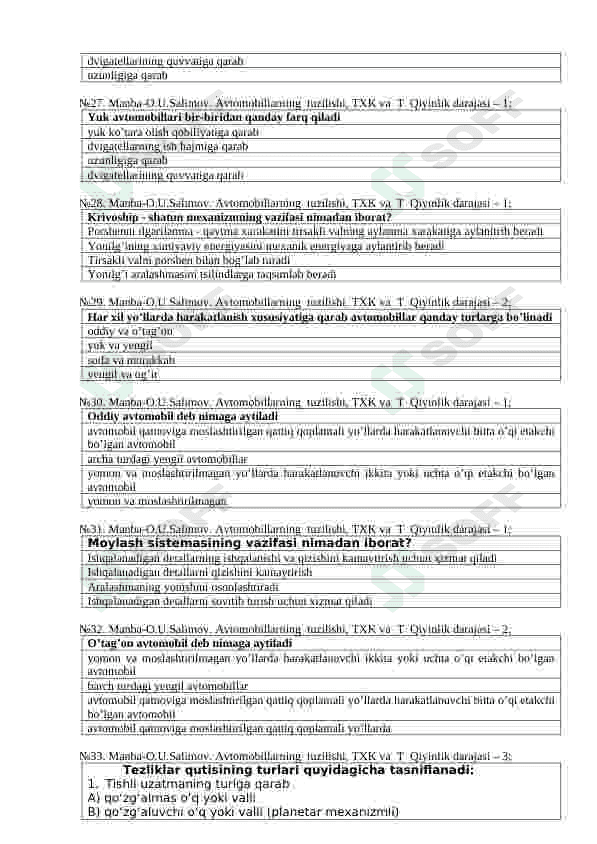 Avtomobil tuzilishi fanidan 150ta test 6