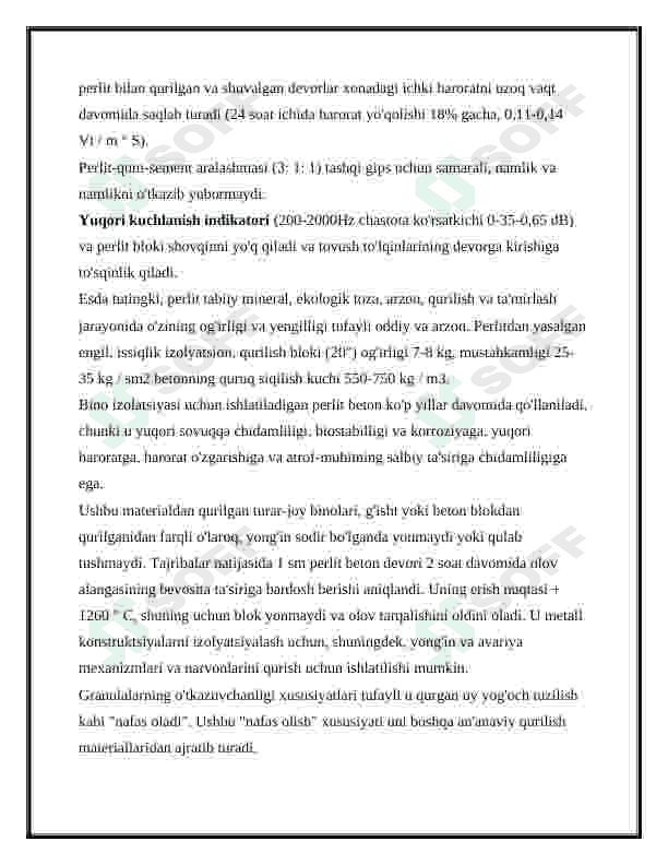 Yillik unumdorligi 800 ming m3 bo’lgan  issiqlik saqlovchi Perlitbloklar  ishlab chiqarish texnalogiyasini loyihalash 7