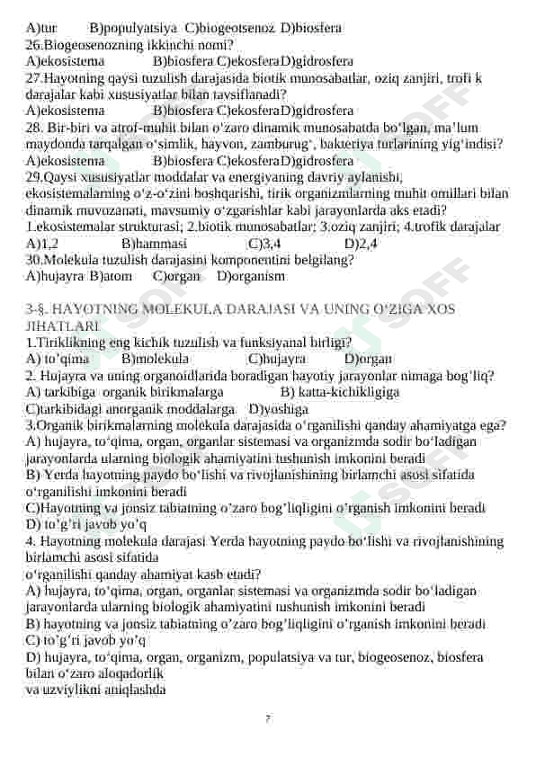 Biologiya fanidan mavzulashtirilgan testlar 7