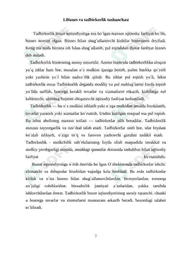 Biznes va tadbirkorlik toʻgʻrisida tushuncha. kurs ishi 7