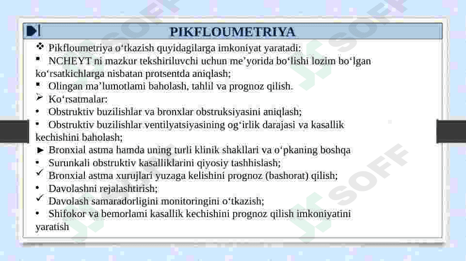 NORMA VA PATOLOGIYADA OKSIGEMOMETRIYA VA PIKFLOUMETRIYA KO‘RSATKICHLARI. BRONXOOBSTRUKTIV SINDROMNING RIVOJLANISH XAVF OMILLARI. 7