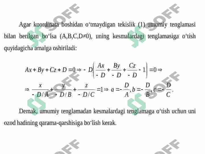 Fazoda tekislikning tenglamasi. Fazoda to'g'ri chiziqning umumiy tenglamasi va uning turli xil ko'rinishlari. 7