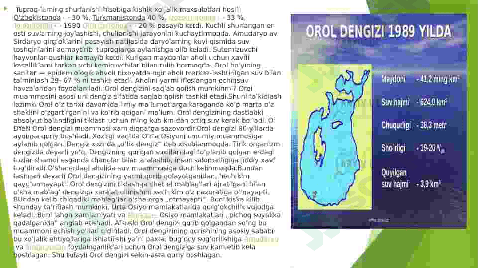 Orol fojiasi.Ekologik holatni yaxshilash borasidagi davlat siyosati. 7