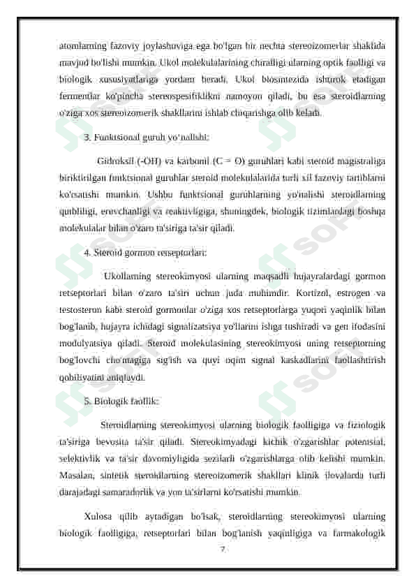 STEROIDLAR VA TERPENLARNING STEROKIMYOSI HAMDA ULAR ISHTIROKIDAGI MUHIM BIOLOGIK JARAYONLAR. 7