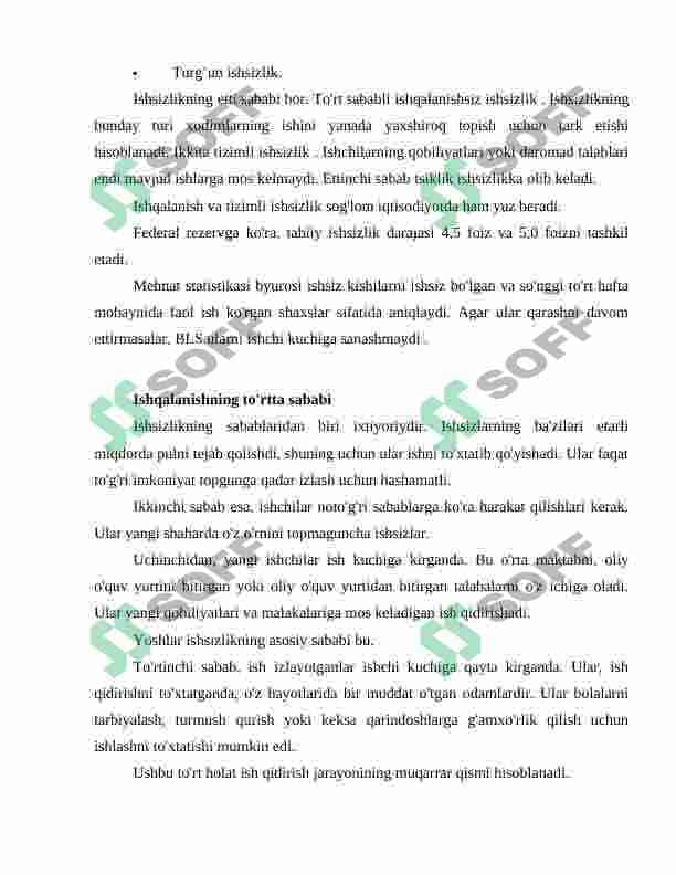 O‘zbekistonda ishsizlik, zamonaviy shakllari, sabablari, kamaytirish usullari. 7