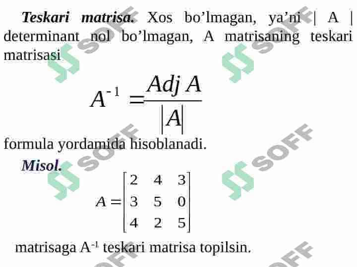 Teskari matrisa. Matrisaning rangi. Chiziqli tenglamalar sistemasi. 7