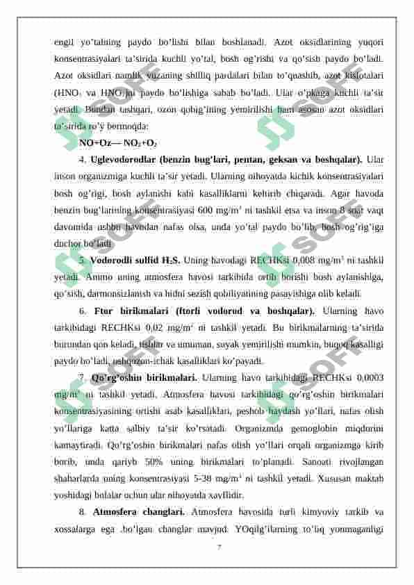 ATMOSFERA HAVOSI IFLOSLANISHINING IJTIMOIY IQTISODIY OQIBATLARI, UNING OLDINI OLISH VA KAMAYTIRISH CHORA-TADBIRLARI 7