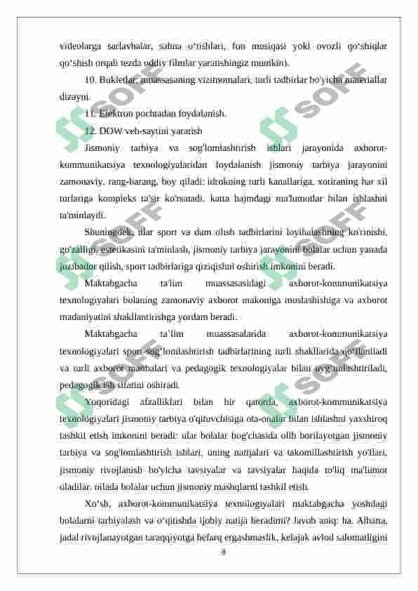 Maktabgacha yoshdagi bolalarga ta’lim-tarbiya berishda axborot texnologiyalarining o’rni 8