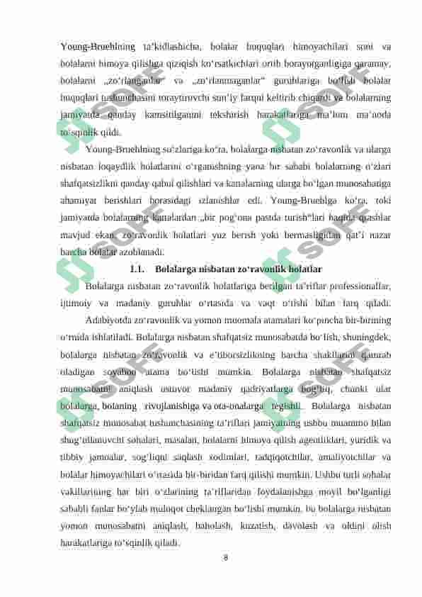 Bolalarga nisbatan zo’ravonlik tushunchasi, shakllari. 8