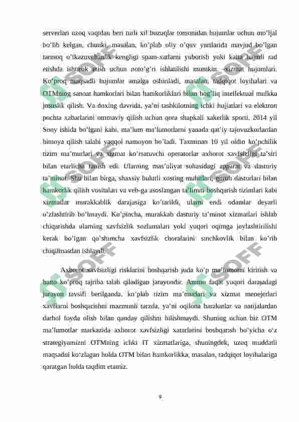 Oliy ta‘lim muassasalari axborot xavfsizligini ta‘minlashning tashkiliy choralarini ishlab chiqish 8
