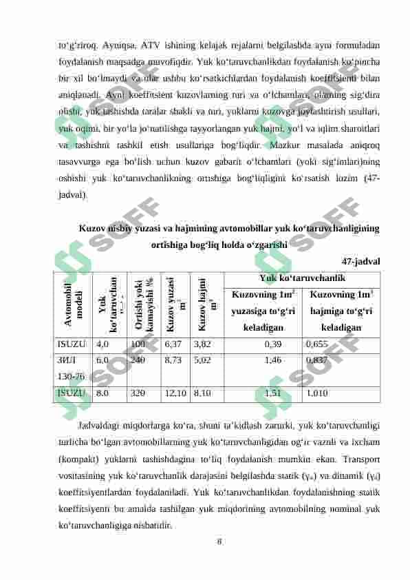 Avtomobil transporti asosiy ish ko‘rsatkichlari. Umumiy tushunchalar. Avtomobil saroyi va undan foydalanish 8