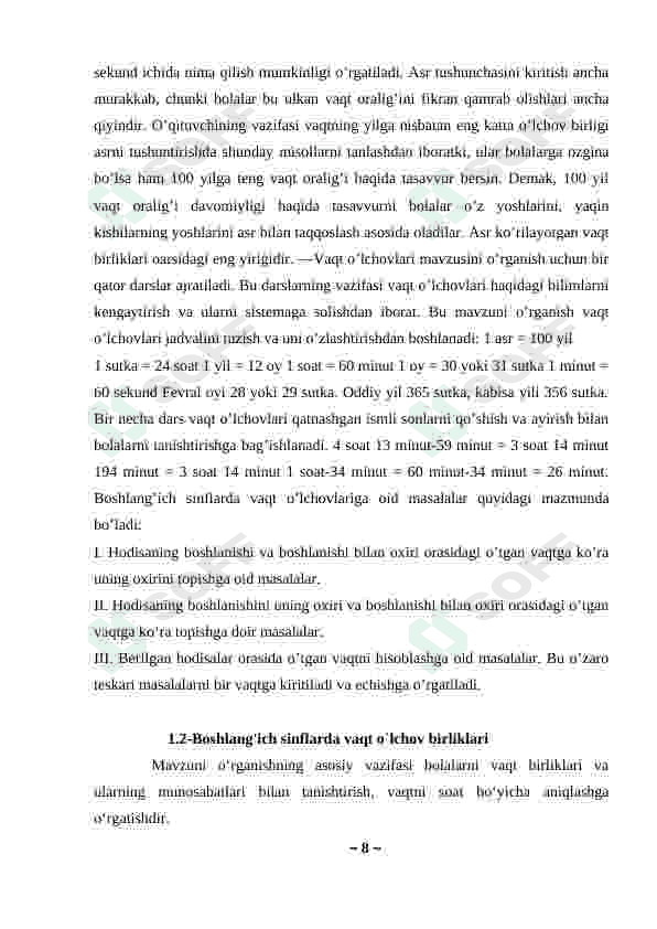 Boshlang'ich sinflarda vaqt va uning o'lchov birliklarini o'rganish 8