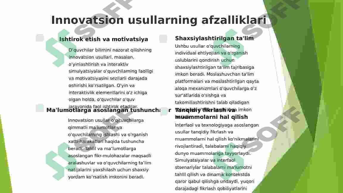 Samarali o’qitishning qiziqtiruvchi va interfaol usullari, hamda ulardan foydalanishni o’rganadi. O’quvchilar bilimini nazorat qilish usullari va ularni takomillashtirish metodikasi. 8