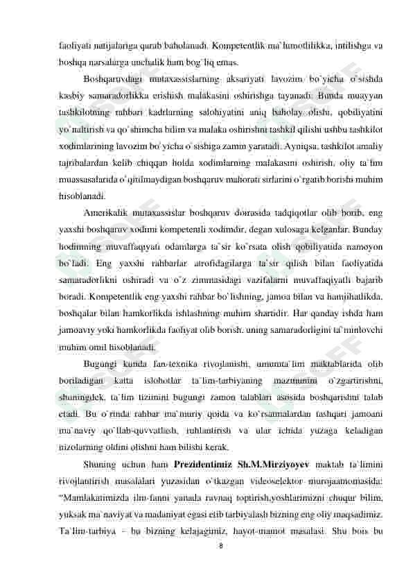 “BOSHLANG’ICH SINF O’QUVCHISINING KASBIY KOMPETENTLIGINI RIVOJLANTIRISHDA SHARQ MUTAFFAKKIRLARI ASARLARIDAN FOYDALANISH”. 8