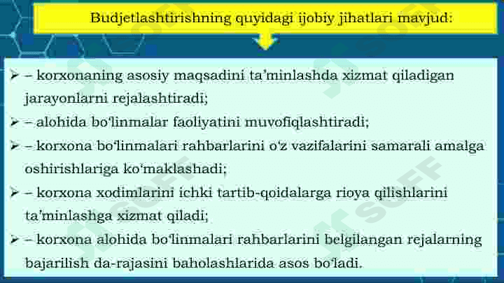 Byudjetlashtirish – bu korxonalarda  moliyaviy rejalashtirish masalalari 8