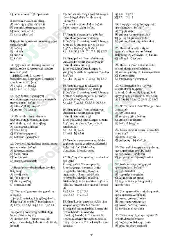 Biologiya fanidan mavzulashtirilgan testlar 8