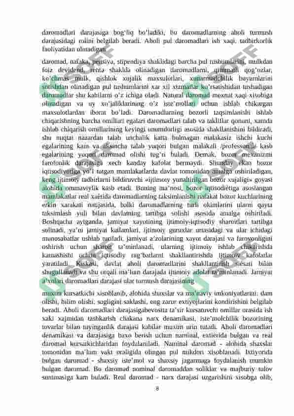 Aholi daromadlari , uning turlari va shakllanish manbalari kurs ishi 8
