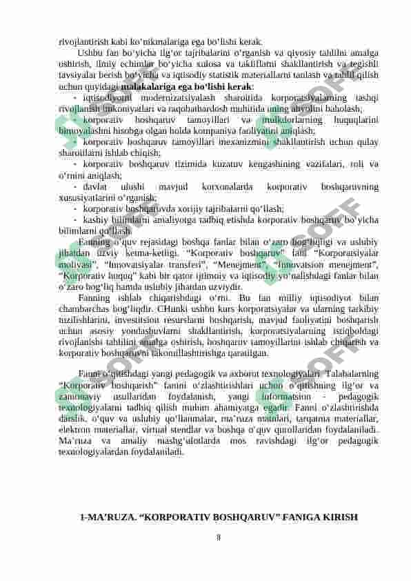 Korporativ boshqaruv oʻquv-uslubiy majmua 8