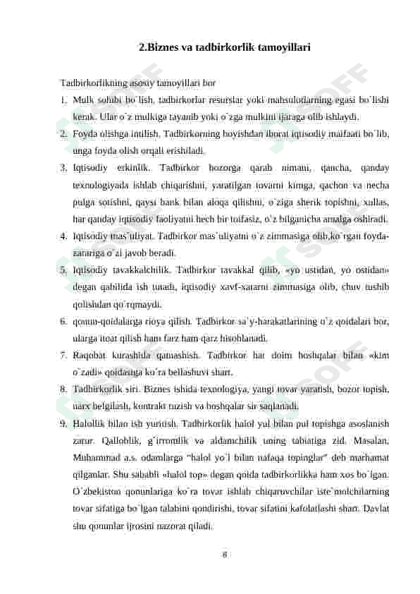 Biznes va tadbirkorlik toʻgʻrisida tushuncha. kurs ishi 8
