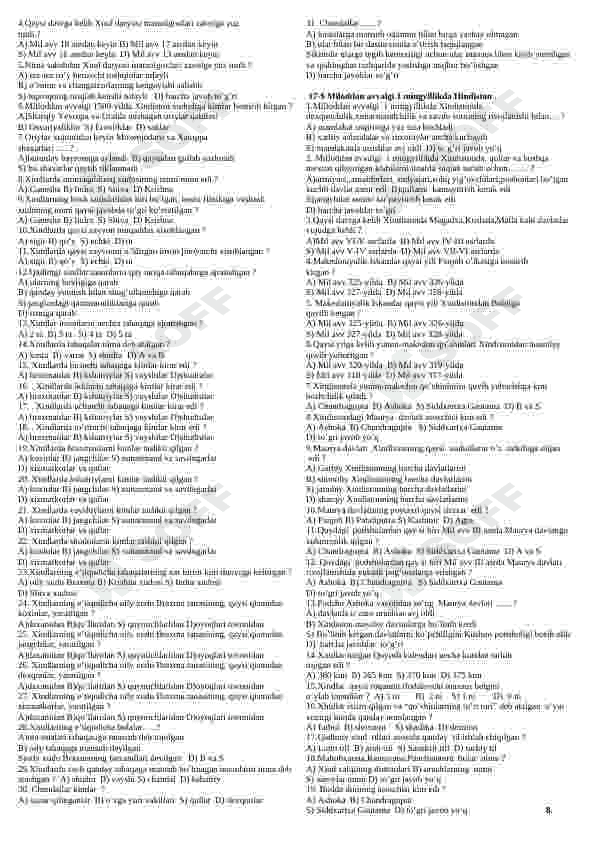 Tarix fanidan mavzulashtirilgan testlar 8