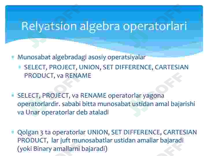 Relyatsion algebra va relyatsion hisoblash elementlari. 8