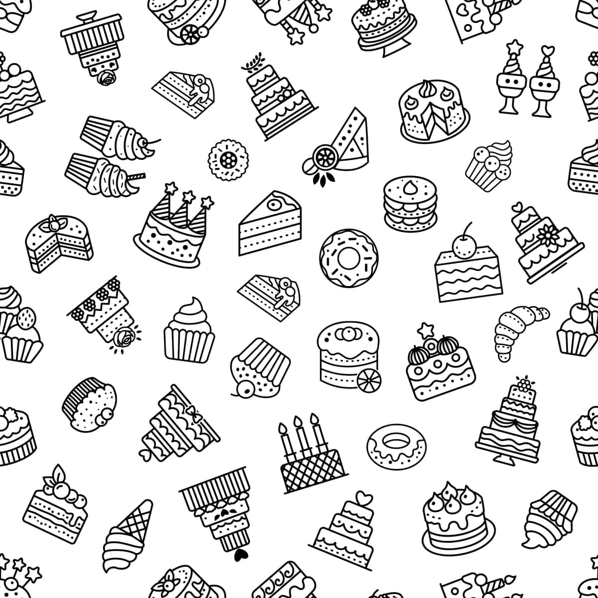 Turli xil keklarning shirinliklari qora oq vektorli tasvir | Pattern various cakes desserts black white vector illustration 1