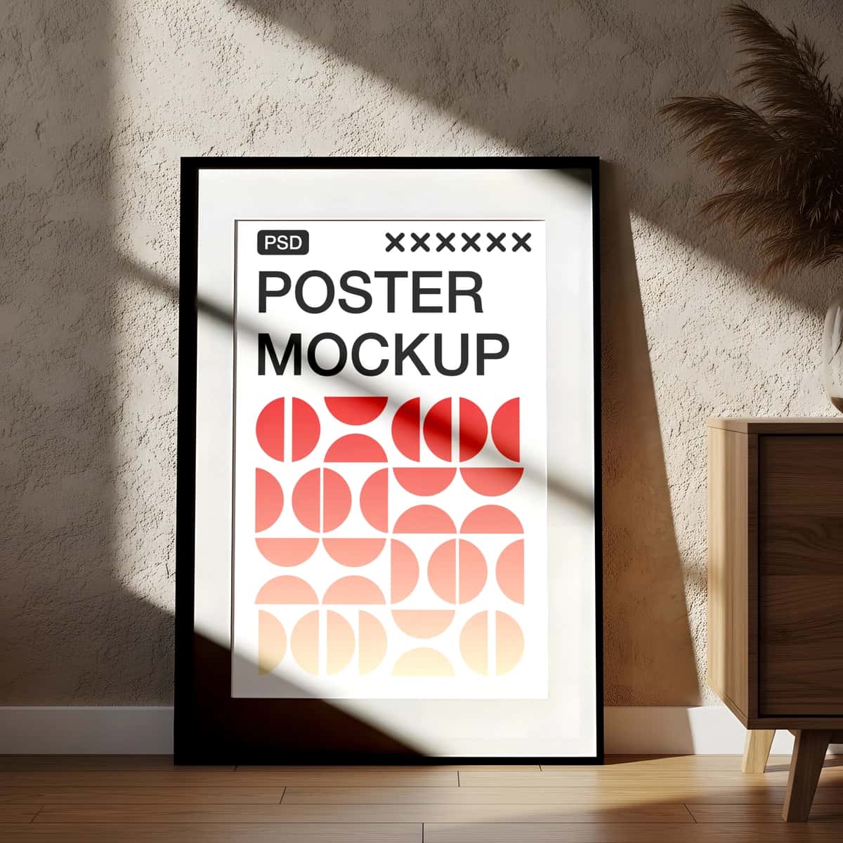 Quyoshli mavhum geometrik san'at asari tushirilgan realistik ramkali plakat maket | Realistic framed poster mockup with abstract geometric art sunny 1