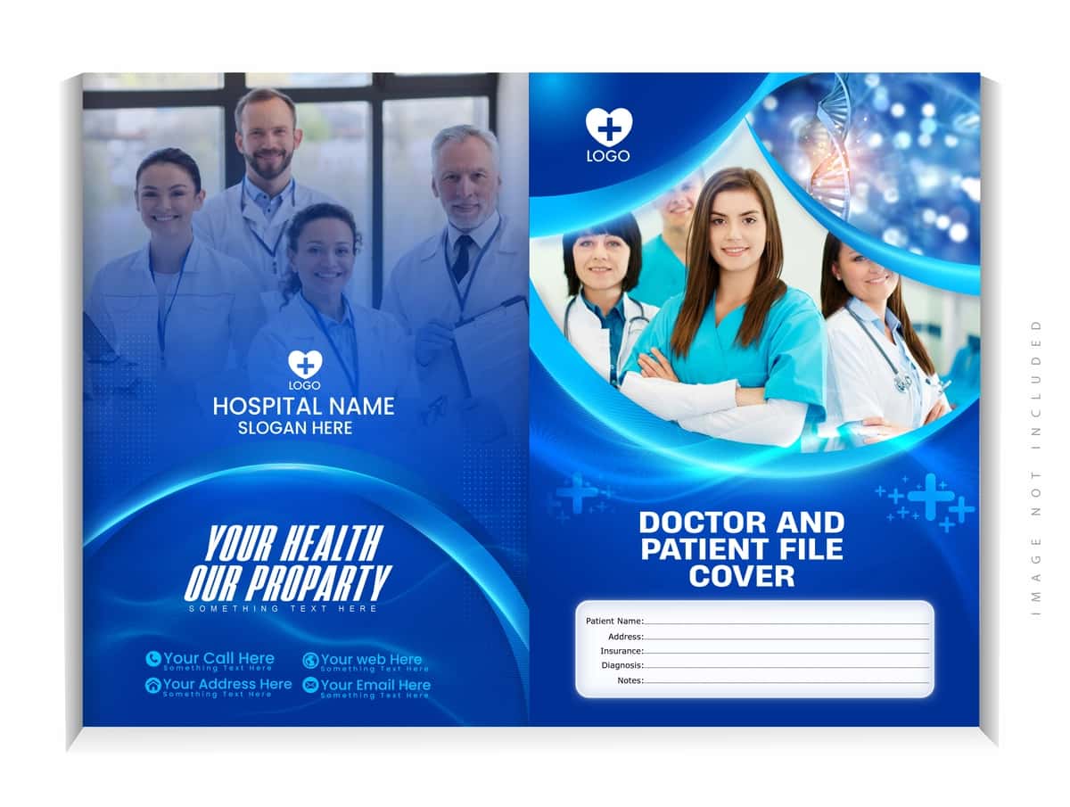 Sog'liqni saqlash mutaxassislari bilan professional tibbiy fayl qopqog'i shabloni | Professional medical file cover template with healthcare professionals 1