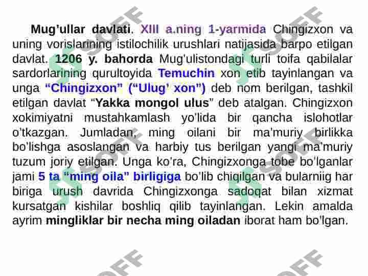 Movarounnaxr va Xurosonning mug’ullar tomonidan bosib olinishi. Movarounnaxr Chig’atoy ulusi tarkibida. Buyuk ipak yo’li - muloqot va hamkorlik yo’li. Etnogenez va etnik tarix masalalari. 4