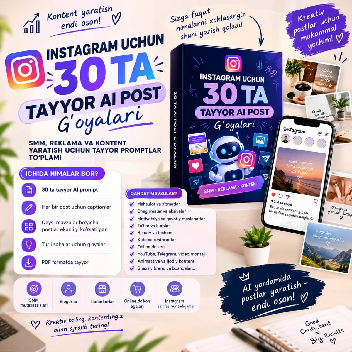 Instagram uchun 30 ta tayyor AI post g‘oyalari 1