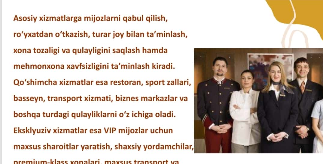 Mehmon xonaga xizmat ko'rsatish tashkilotini tahlil qilish 1