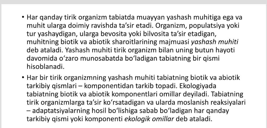 ORGANIZMLARNING YASHASH MUHITI. SUV MUHITI 1