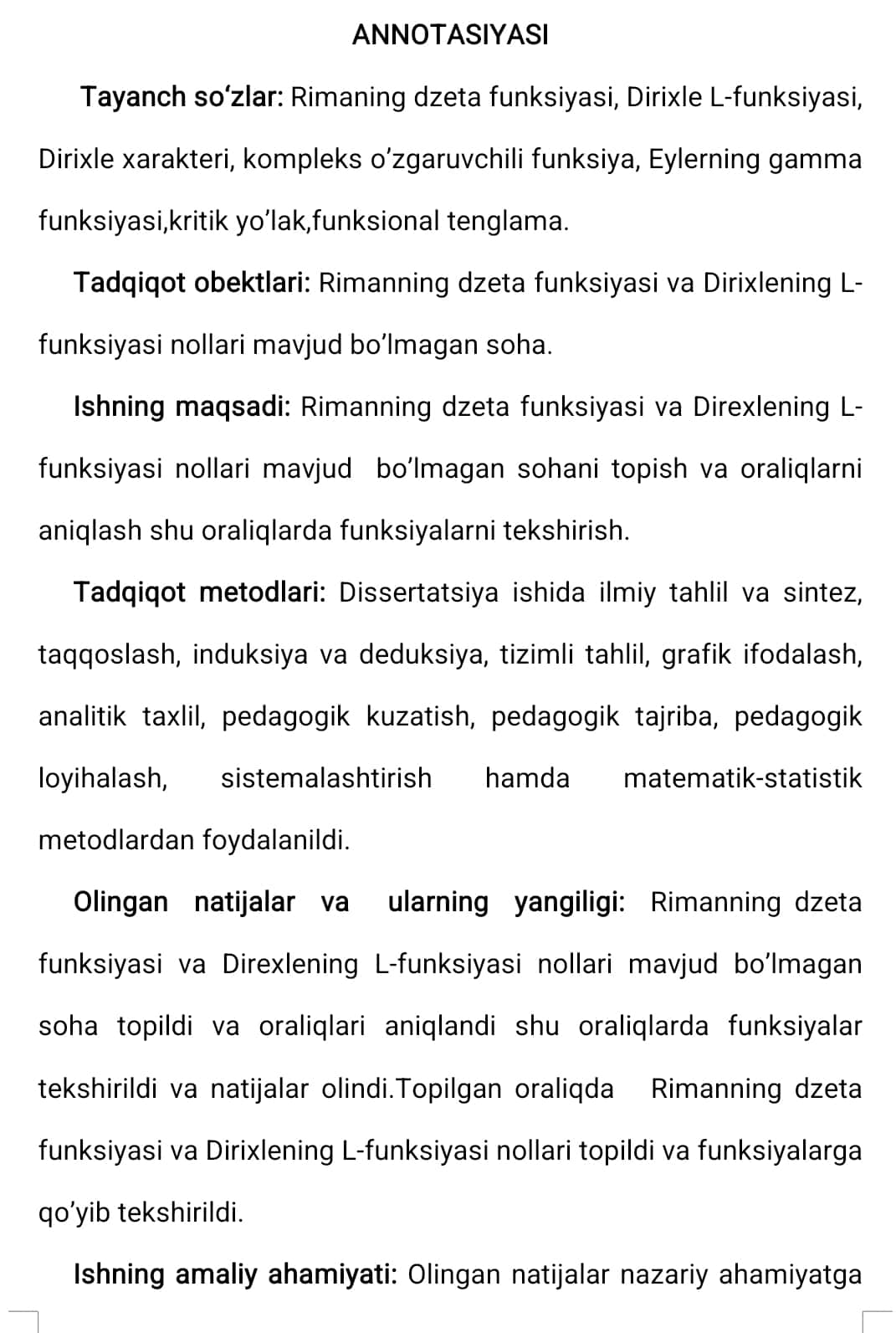 RIMANNING DZETA FUNKSIYASI VA DIRIXLE L-FUNKSIYASINING NOLLARI  MAVJUD BO‘LMAGAN SOHA HAQIDA 1