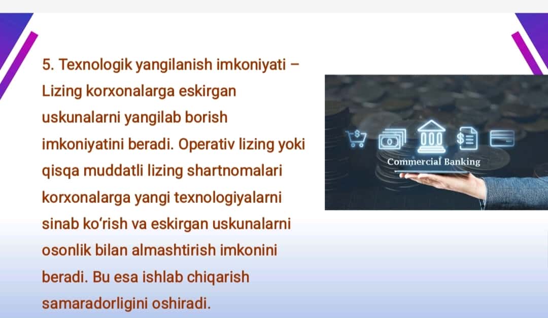 Tijorat banklarining lizing operatsiyalarining ahamiyati 1